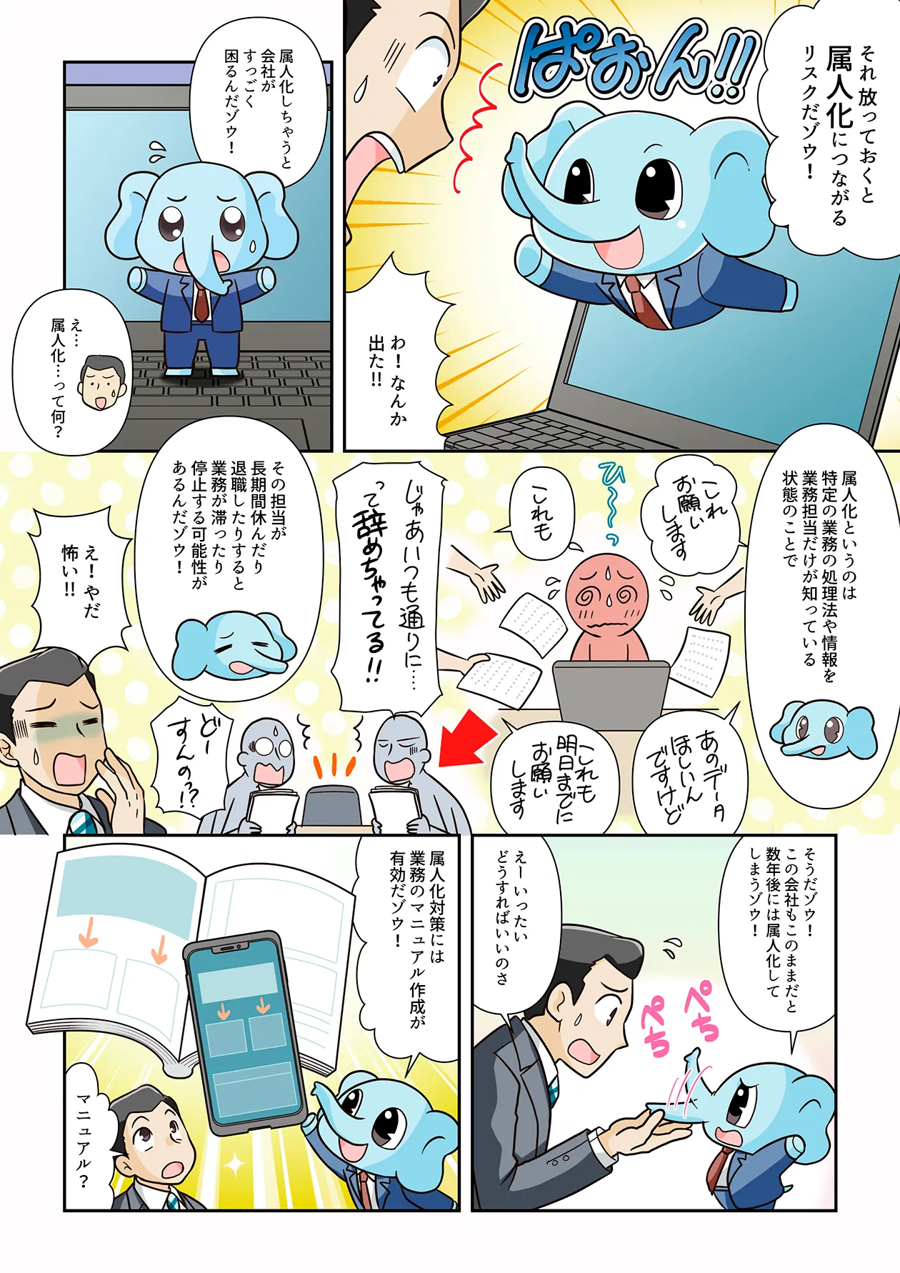 「なんとなく」で経理申請をしてしまおうと思ったその時、PCの中からなんとゾウが！「それは属人化につながるリスクだゾウ！」と指摘します。属人化とは、特定の人や担当者しか知らない暗黙知が組織に蓄積され、作業の標準化ができないことです。結果として、その担当者が長期間休んだり退職したりすると、業務が滞ったり停止したりする可能性があります。このリスクを防ぐには、わかりやすいマニュアルを作成し、組織内で共有することが有効な対策となります。作業標準化のための業務マニュアル作成・Webマニュアル化は、組織の属人化リスクを低減し、業務の効率化と品質向上に貢献します。