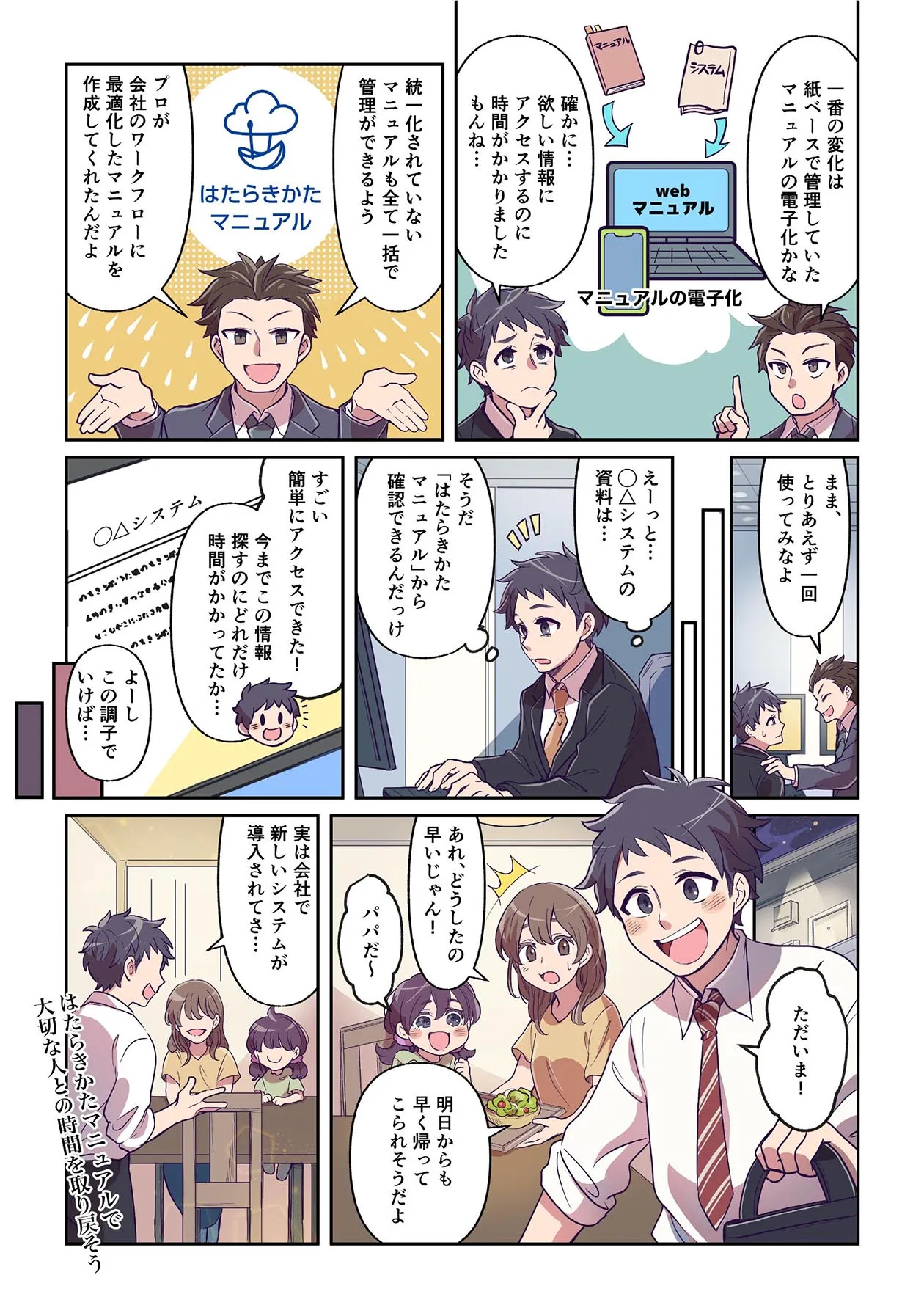 しかし、「はたらきかたマニュアル」を導入したところ、欲しい情報に簡単にアクセスできるようになり、残業時間が大幅に削減されました。帰宅時間が早くなったサラリーマンは、久しぶりに家族と夕食を囲むことができ、家族との時間を取り戻せたのでした。私たちYAMAGATA株式会社は、業務マニュアル作成のプロフェッショナルです。難解な業務プロセスを誰もがわかりやすいマニュアルに落とし込むノウハウがあります。お客様の業務効率化・生産性向上と、従業員の皆さまのワークライフバランス改善に貢献します。