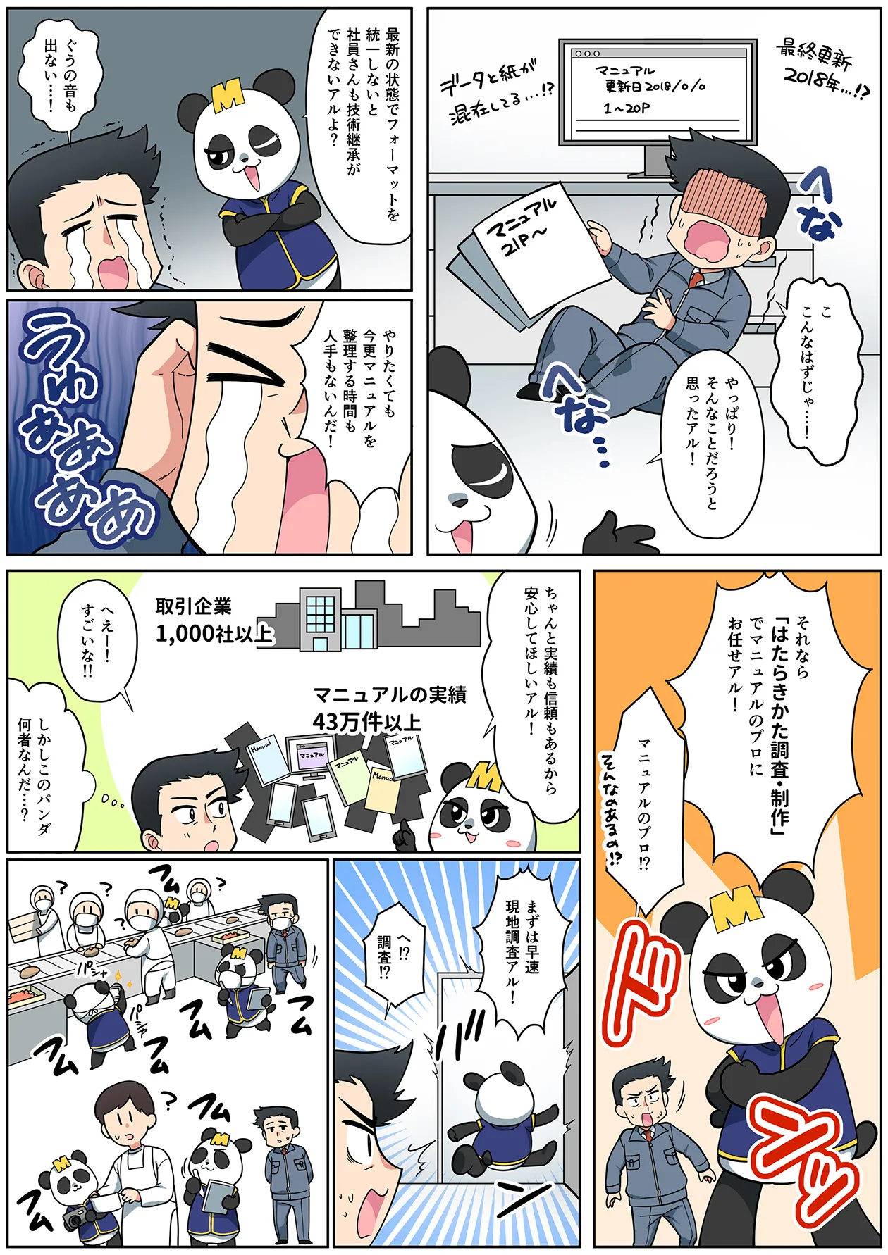 既存のマニュアルは古く、更新されておらず、データと紙の資料が混在した状態でした。マニュアルの整理・更新に時間と人手が不足していることをパンダに伝えると、パンダは「はたらきかた調査・制作」でプロにマニュアル作成を任せることを提案し、現地調査を行って新しいマニュアルを作成します。